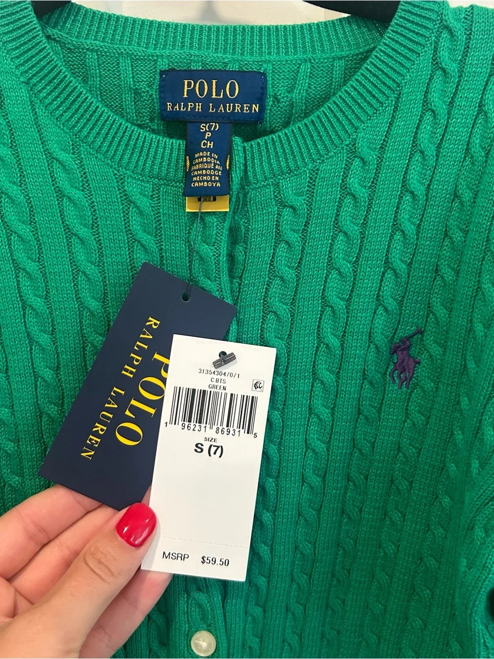 NWT Polo Ralph Lauren Girl's Green Mini-Cable Knit Cotton Cardigan Size S (7)